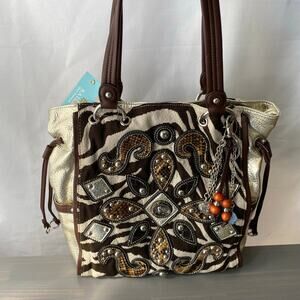 VTG Kathy‎ Van Zeeland Zebra Tote Bag Brown Southwestern Studded 3D Art Floral
